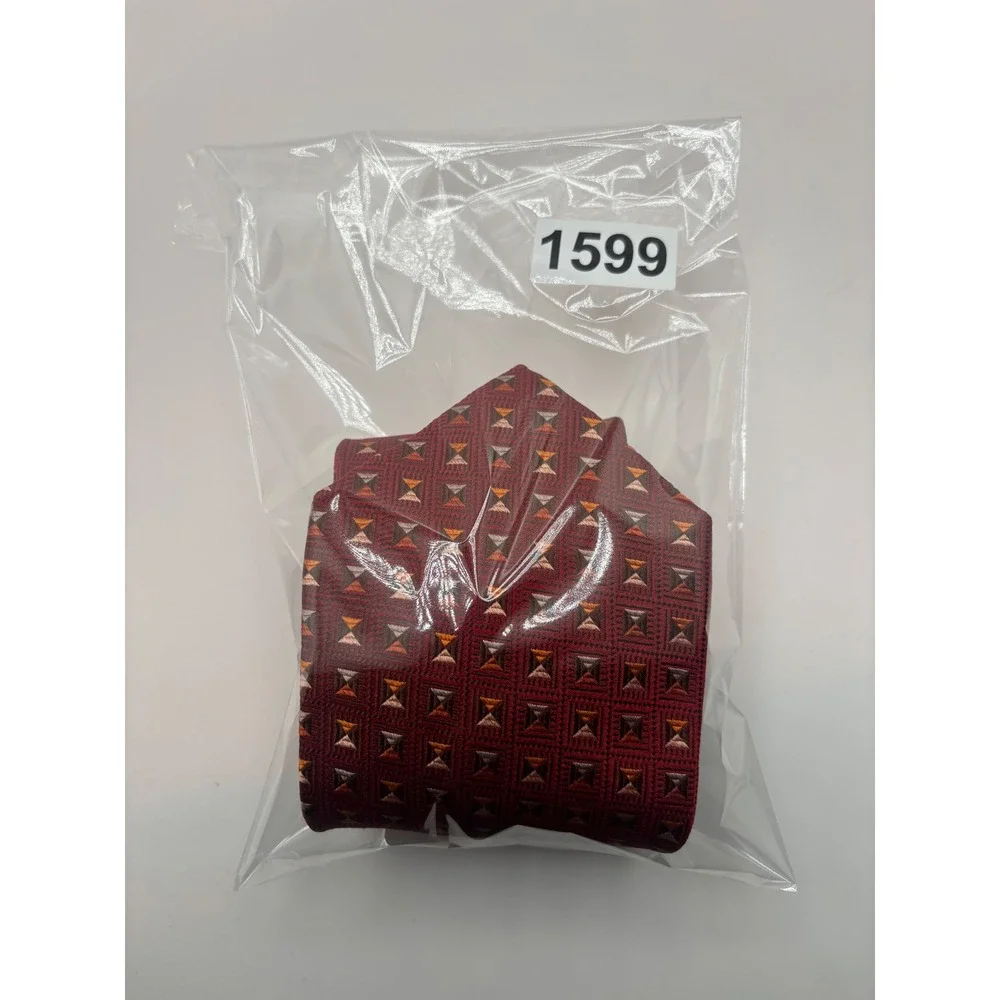 Genesis Handmade Mens Italian SilkTie Burgundy Red Geometric Pattern Made in USA